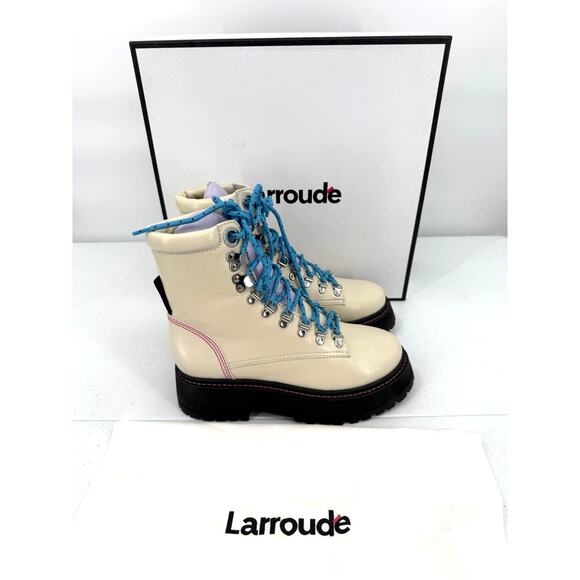 NEW Larroude Jordan Lace Up Ivory Violet Combat Boots Size 5.5 - Picture 1 of 13